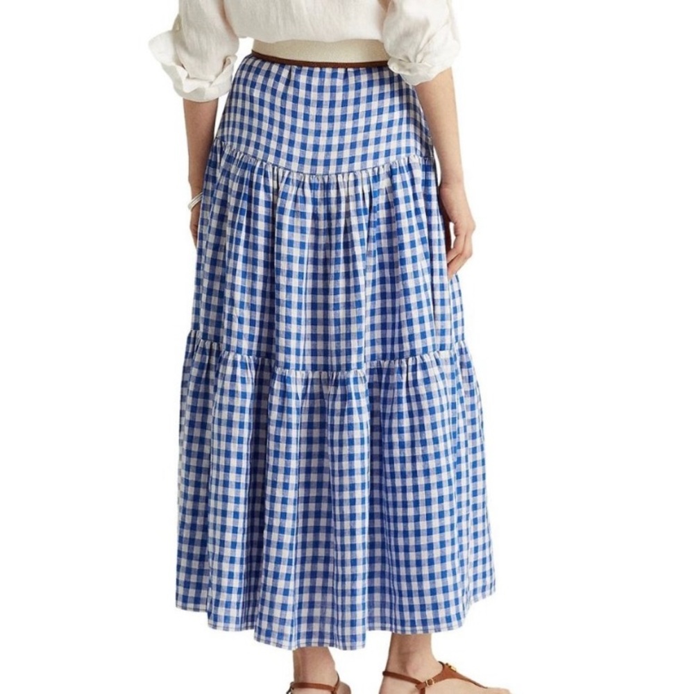 Ralph Lauren Gingham Plaid Tiered Linen Maxi Skirt Womens Blue White Linen - Picture 6 of 8